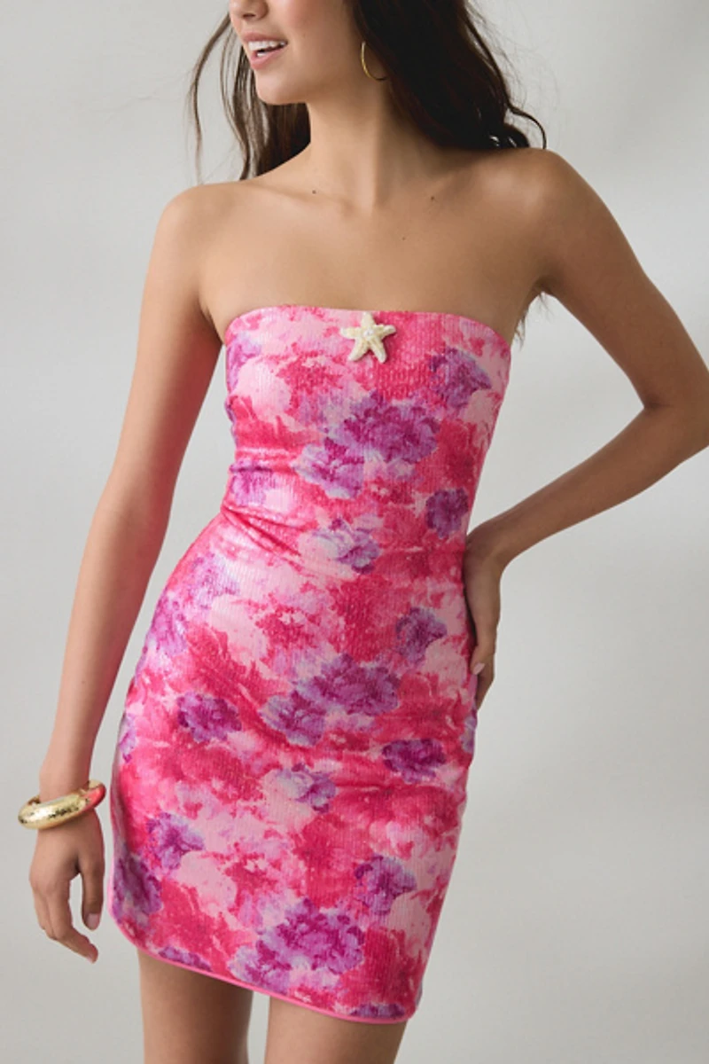 Elevator Disco Blooming Sequin Strapless Mini Dress