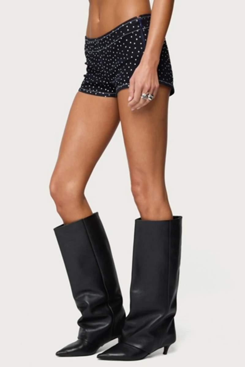 Edikted Moirah Rhinestone Denim Micro Shorts