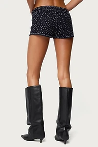 Edikted Moirah Rhinestone Denim Micro Shorts