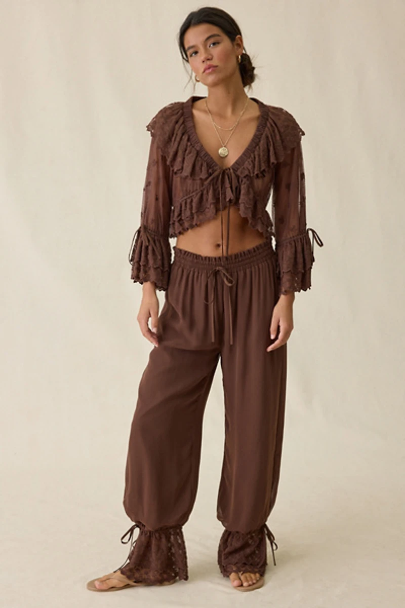 Elevator Disco Eleanor Sheer Lace Ruffle Bell Sleeve Crop Top