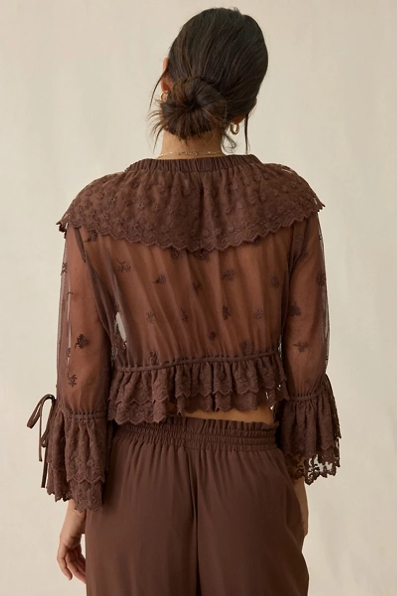 Elevator Disco Eleanor Sheer Lace Ruffle Bell Sleeve Crop Top