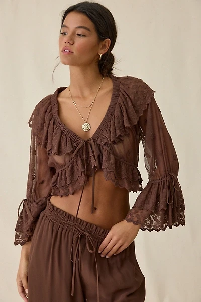 Elevator Disco Eleanor Sheer Lace Ruffle Bell Sleeve Crop Top