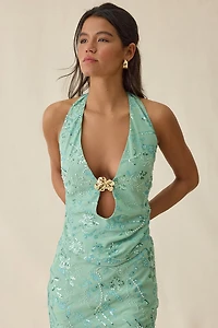 Elevator Disco Selina Glam Beaded Keyhole Cutout Halter Top