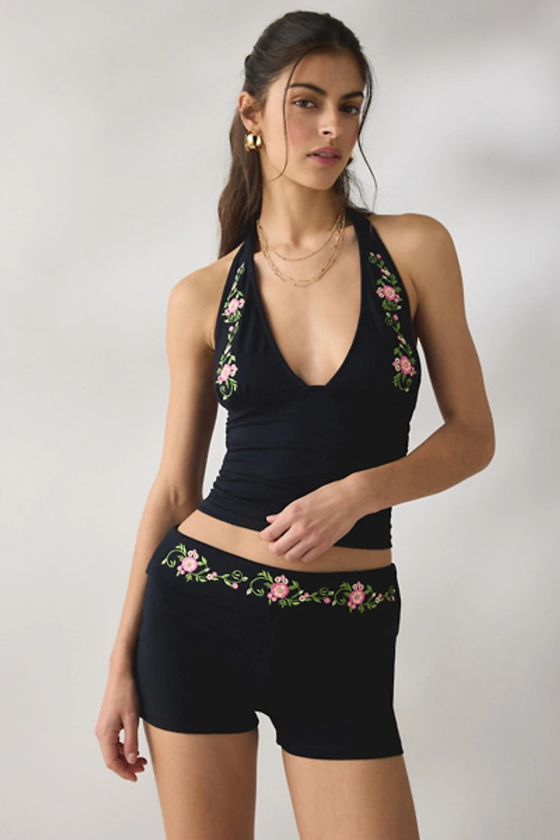 Motel Shea Floral Embroidered Foldover Micro Short