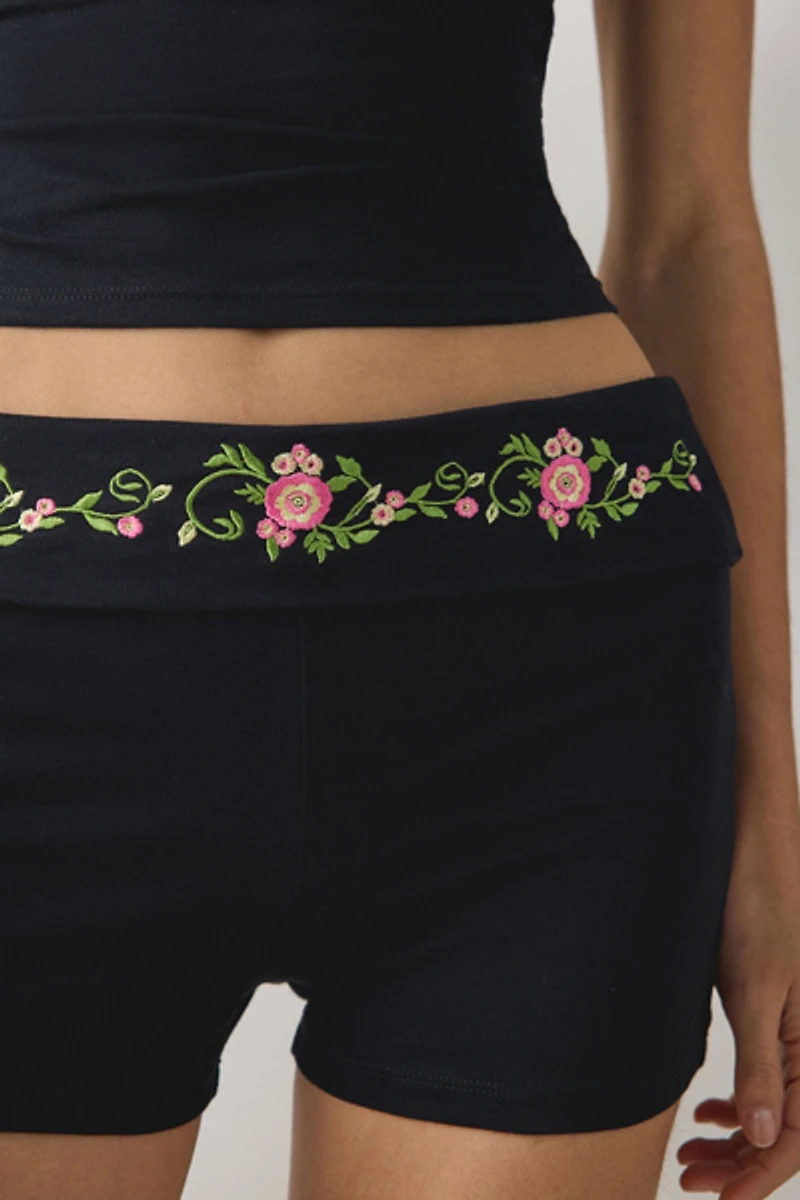 Motel Shea Floral Embroidered Foldover Micro Short