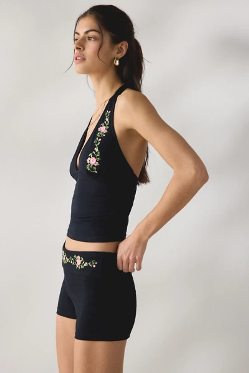 Motel Shea Floral Embroidered Foldover Micro Short