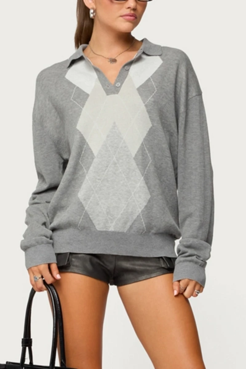 Edikted Kati Argyle Oversized Polo Sweater