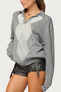 Edikted Kati Argyle Oversized Polo Sweater
