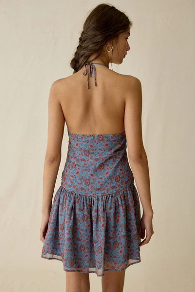 Motel Emika Ruched Drop Waist Halter Mini Dress