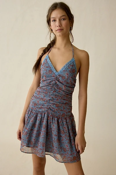 Motel Emika Ruched Drop Waist Halter Mini Dress