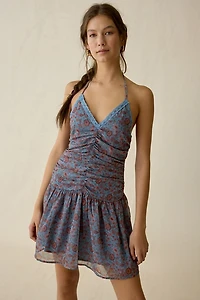 Motel Emika Ruched Drop Waist Halter Mini Dress