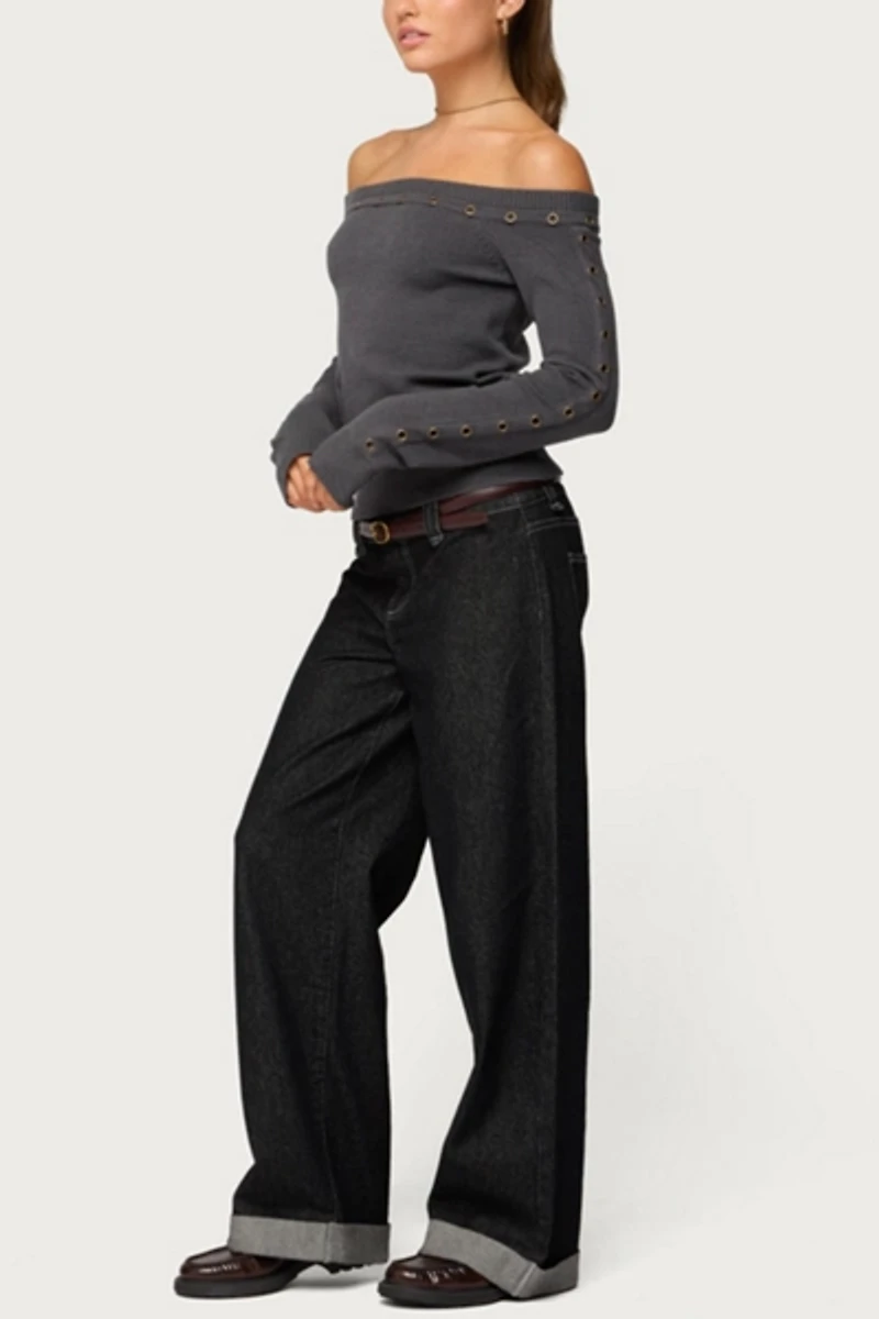 Edikted Morgen Grommet Off Shoulder Knit Top