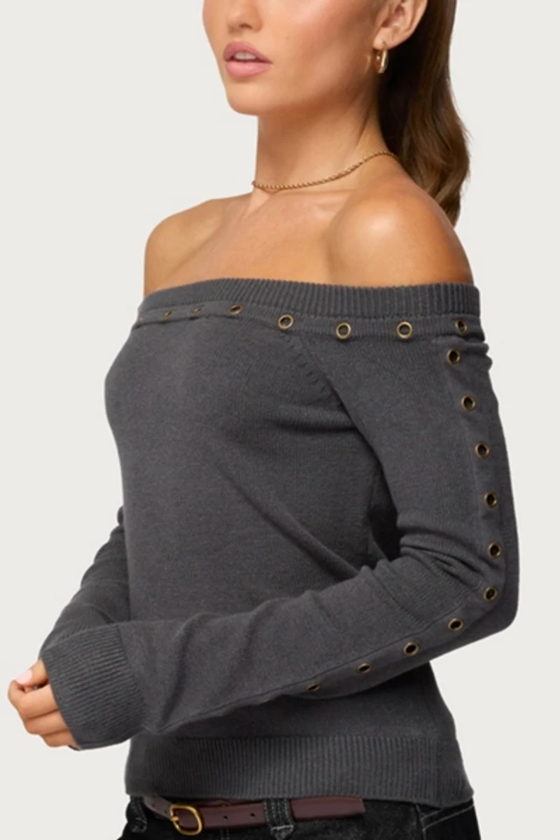 Edikted Morgen Grommet Off Shoulder Knit Top