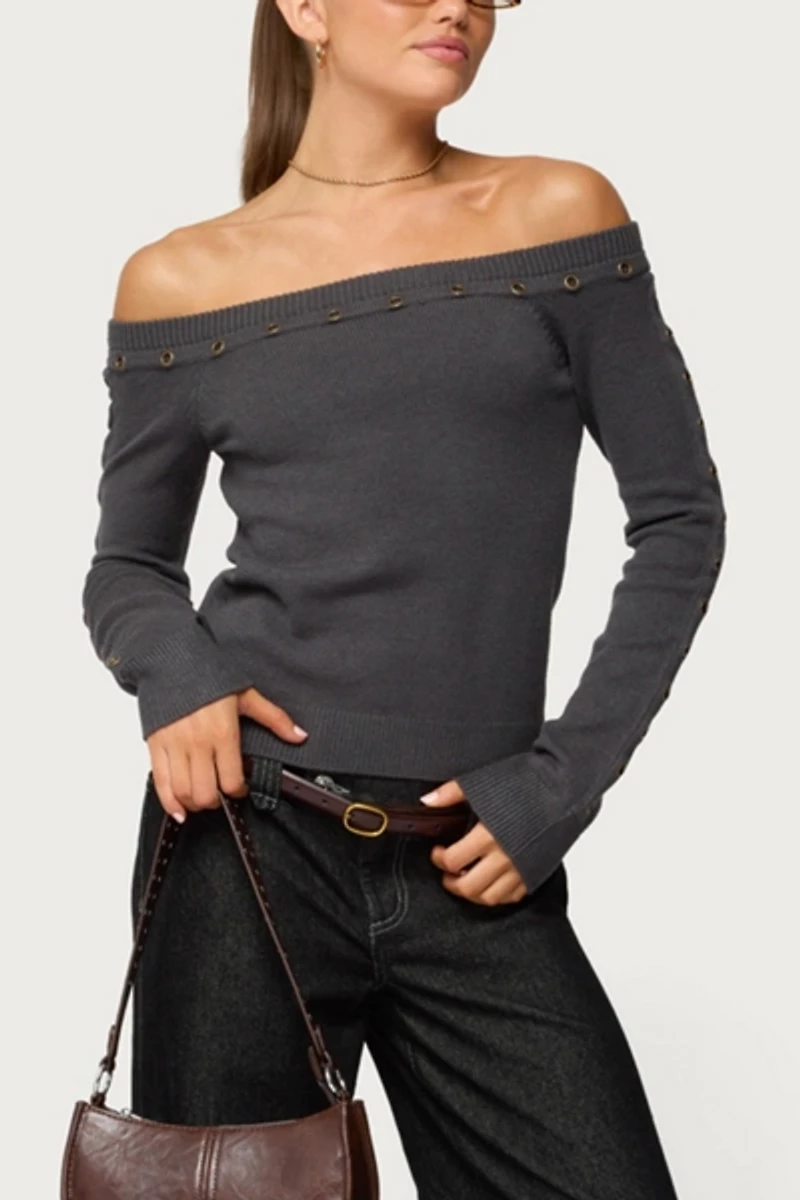 Edikted Morgen Grommet Off Shoulder Knit Top