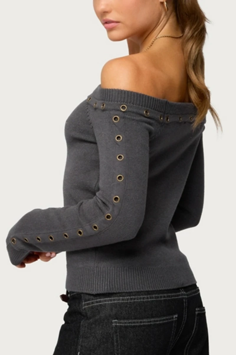 Edikted Morgen Grommet Off Shoulder Knit Top