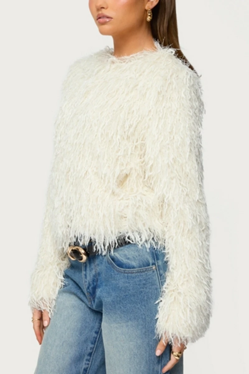 Edikted Aleandra Fringed Faux Feather Jacket