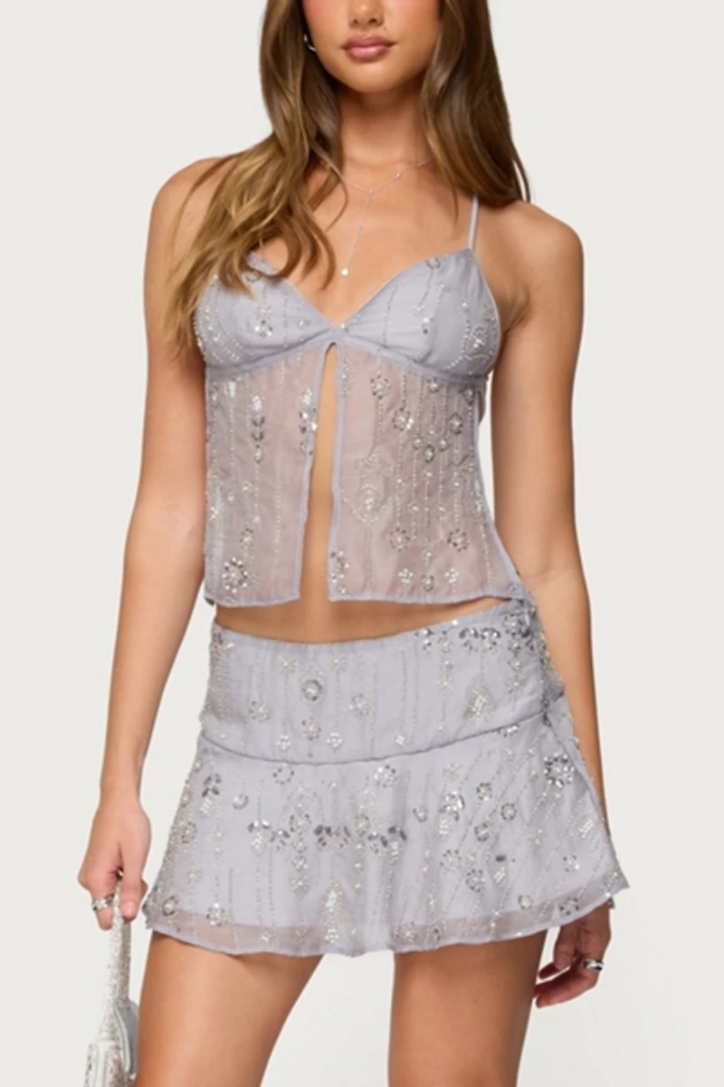 Edikted Kylie Beaded Split Front Backless Top