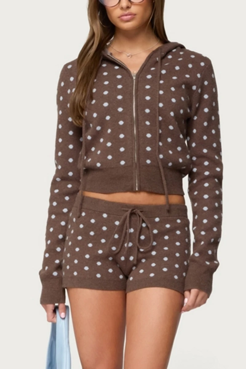Edikted Kenny Polka Dot Knit Zip Up Hooded Cardigan