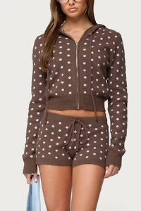 Edikted Kenny Polka Dot Knit Zip Up Hooded Cardigan