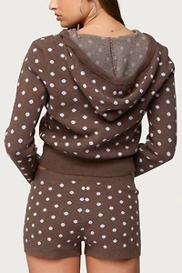 Edikted Kenny Polka Dot Knit Zip Up Hooded Cardigan
