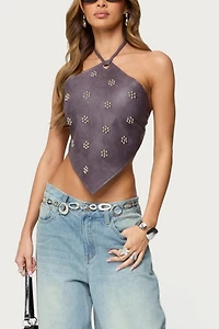 Edikted Shila Studded Faux Leather Backless Top