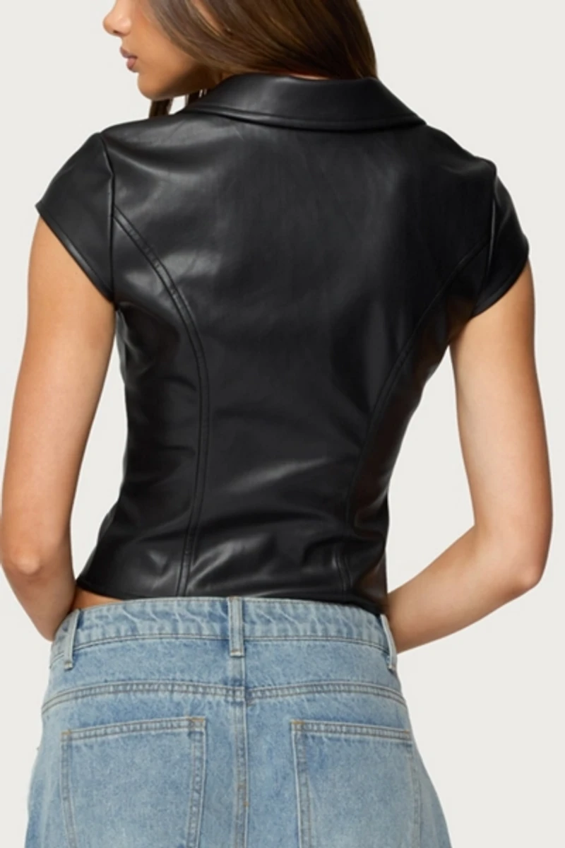 Edikted Faux Leather Tailored Button Up Top