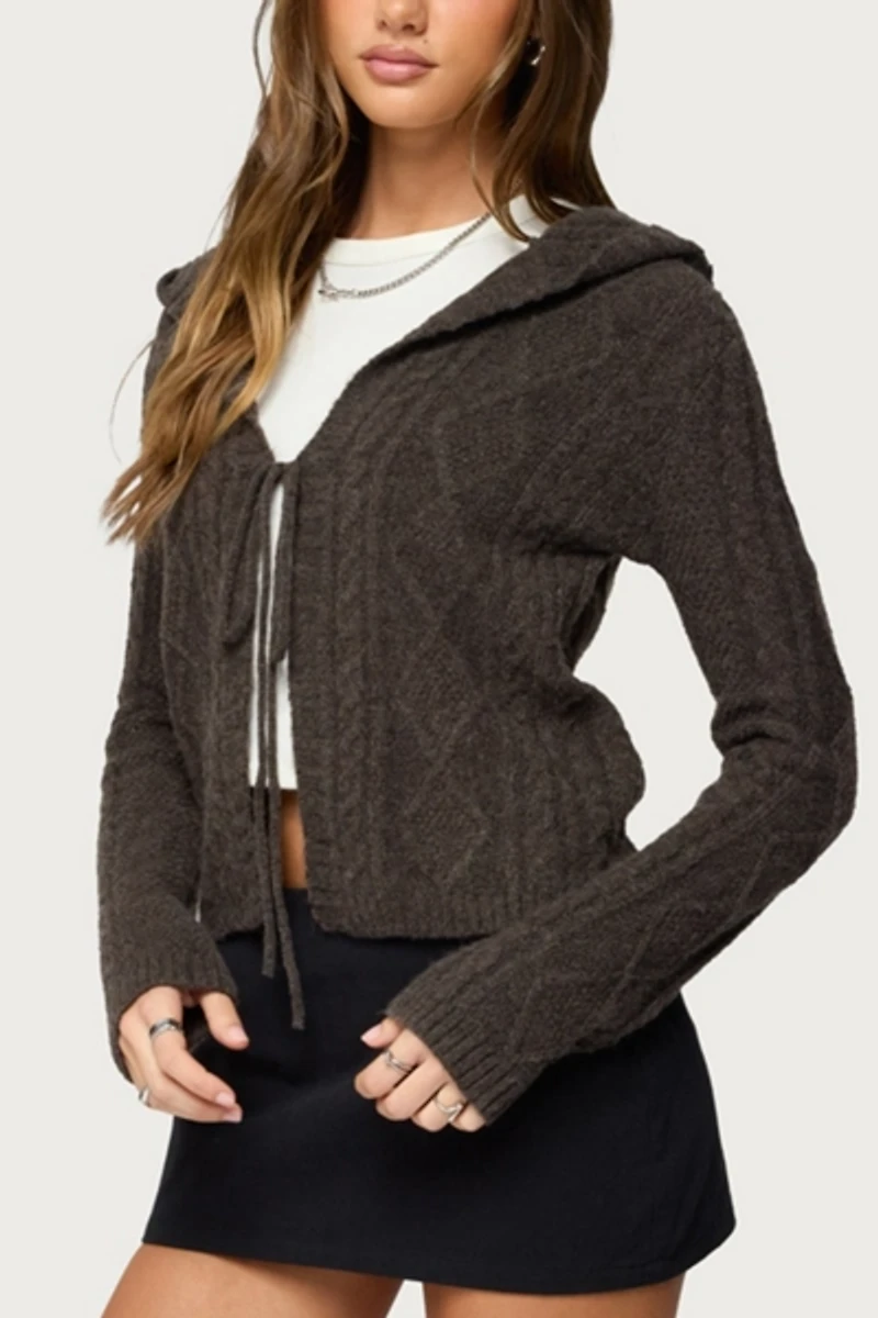 Edikted Jayla Hooded Cable Knit Cardigan