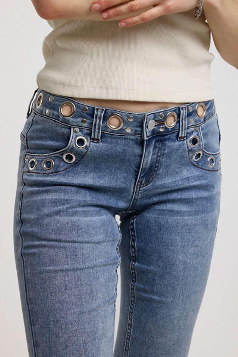 The Ragged Priest Grade Eyelet Low-Rise Flare Jean