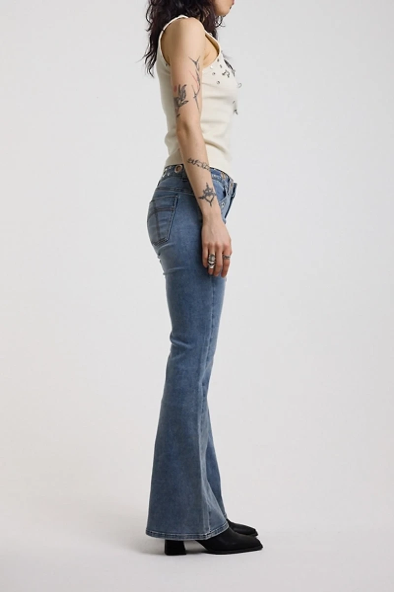 The Ragged Priest Grade Eyelet Low-Rise Flare Jean