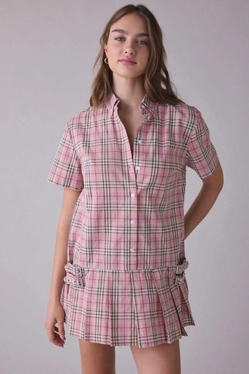 The Ragged Priest Blossom Plaid Short Sleeve Shirt Mini Dress
