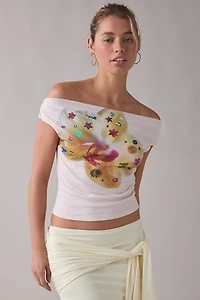 UO Fia Charmed Orchid Graphic Mesh Off-The-Shoulder Crop Top