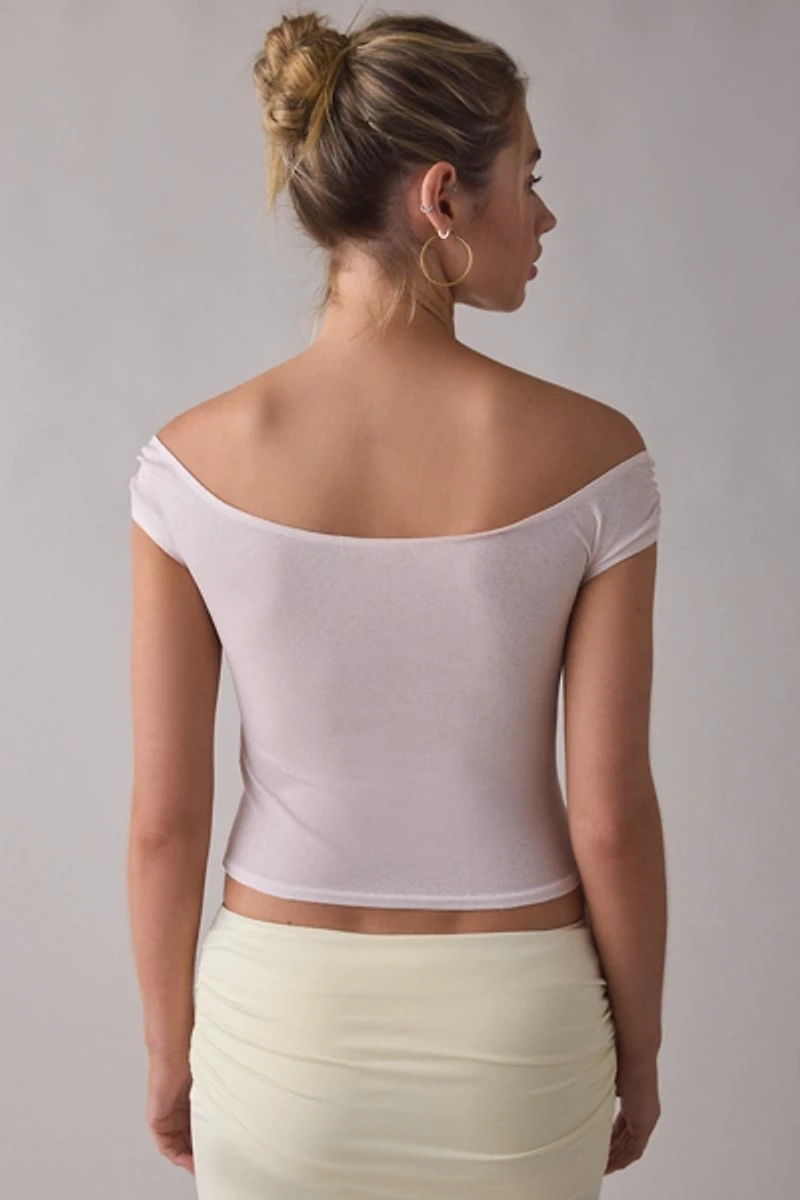 UO Fia Charmed Orchid Graphic Mesh Off-The-Shoulder Crop Top