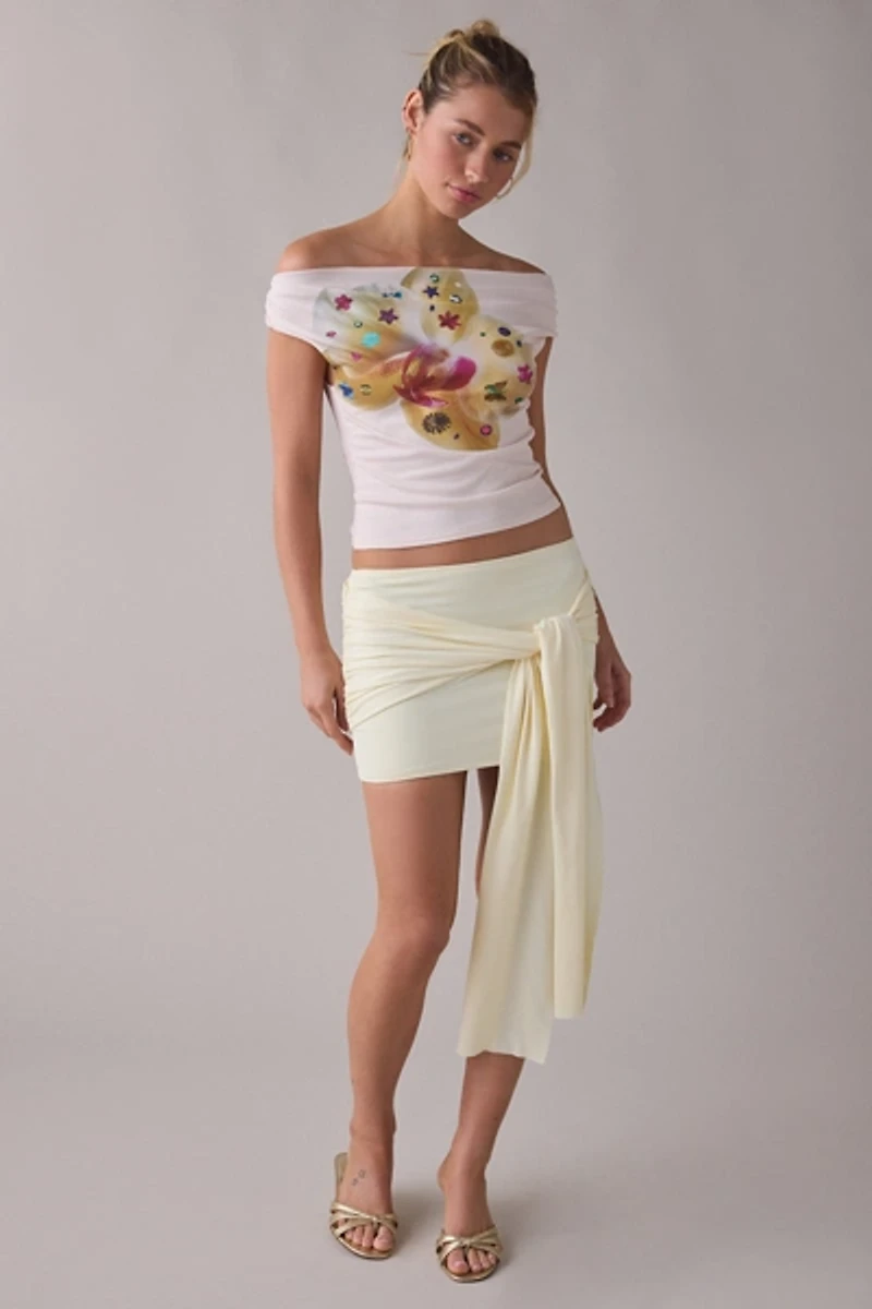 UO Fia Charmed Orchid Graphic Mesh Off-The-Shoulder Crop Top