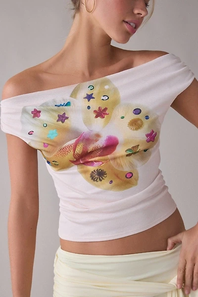 UO Fia Charmed Orchid Graphic Mesh Off-The-Shoulder Crop Top
