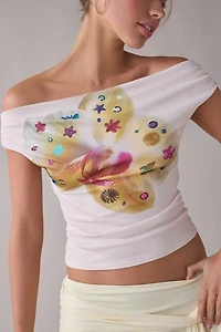 UO Fia Charmed Orchid Graphic Mesh Off-The-Shoulder Crop Top