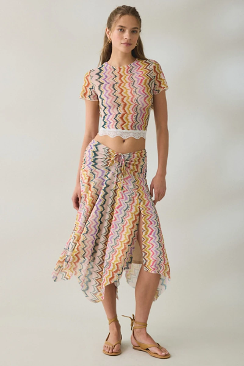 Steve Madden Abella Cinch-Front Asymmetric Mesh Midi Skirt
