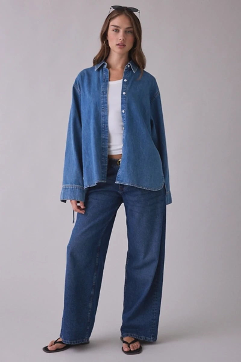 Steve Madden Merrit Ruched Tie-Sleeve Denim Button-Down Shirt