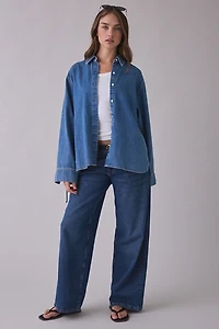 Steve Madden Merrit Ruched Tie-Sleeve Denim Button-Down Shirt