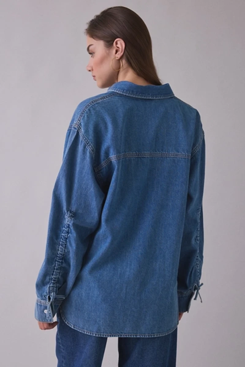 Steve Madden Merrit Ruched Tie-Sleeve Denim Button-Down Shirt