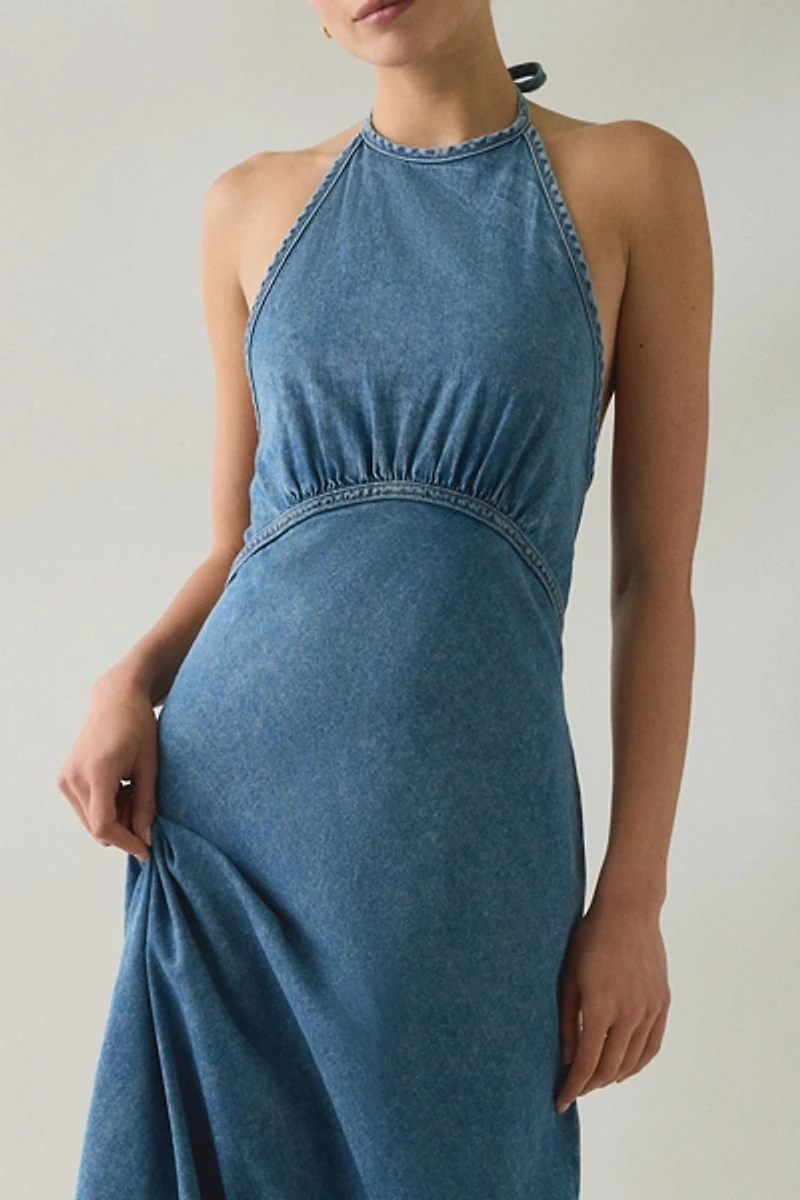Steve Madden Vilma High Neck Halter Denim Maxi Dress