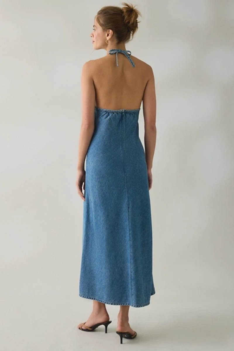 Steve Madden Vilma High Neck Halter Denim Maxi Dress