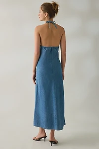 Steve Madden Vilma High Neck Halter Denim Maxi Dress