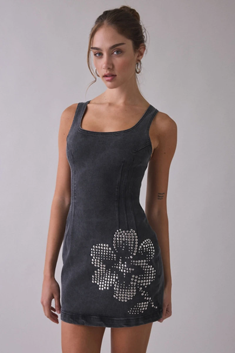 Steve Madden Rosella Studded Flower Denim Mini Dress