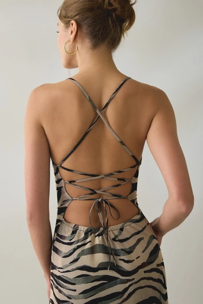 Steve Madden Adella Zebra Print Lace-Up Open Back Maxi Dress