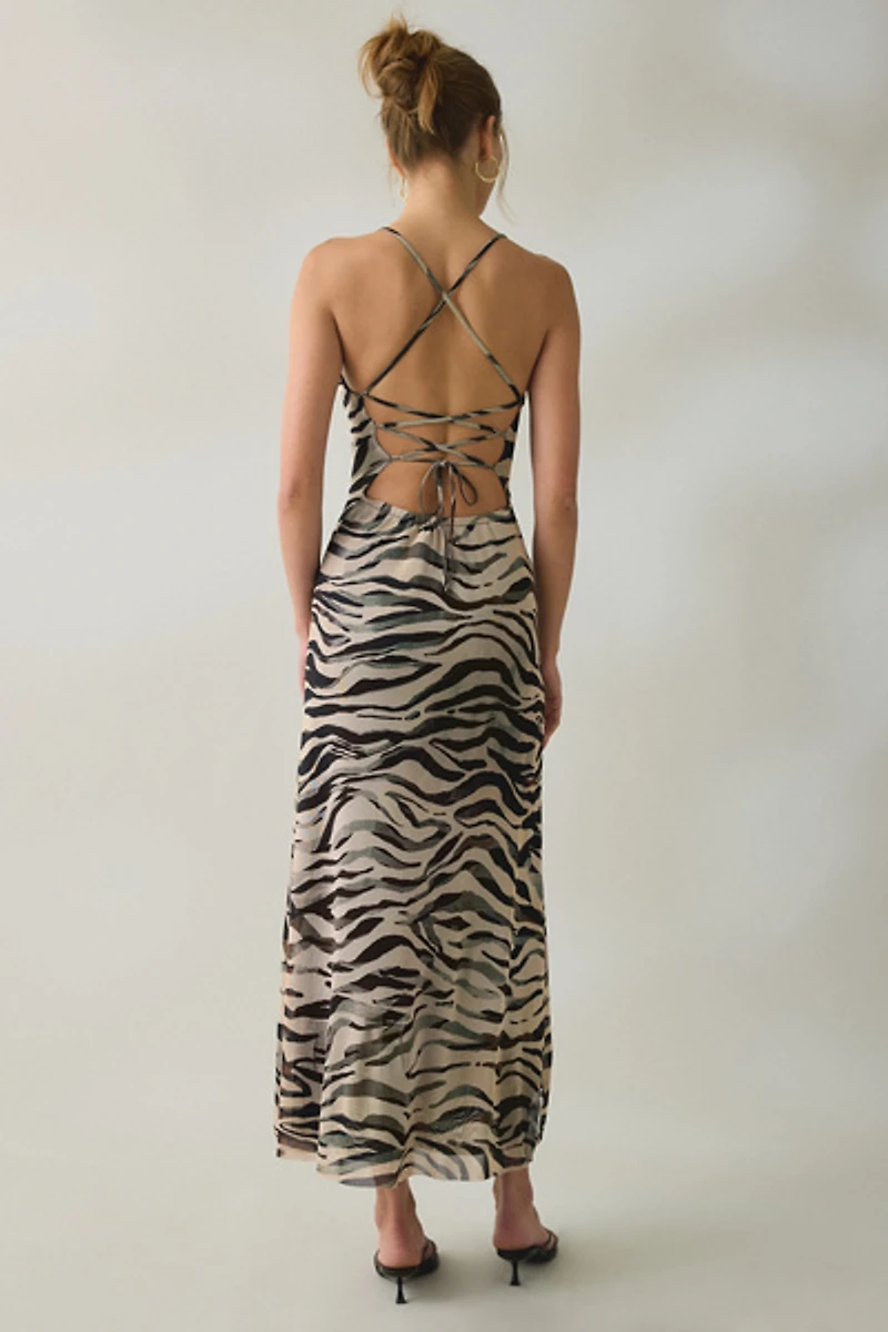 Steve Madden Adella Zebra Print Lace-Up Open Back Maxi Dress