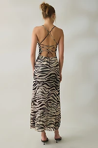 Steve Madden Adella Zebra Print Lace-Up Open Back Maxi Dress