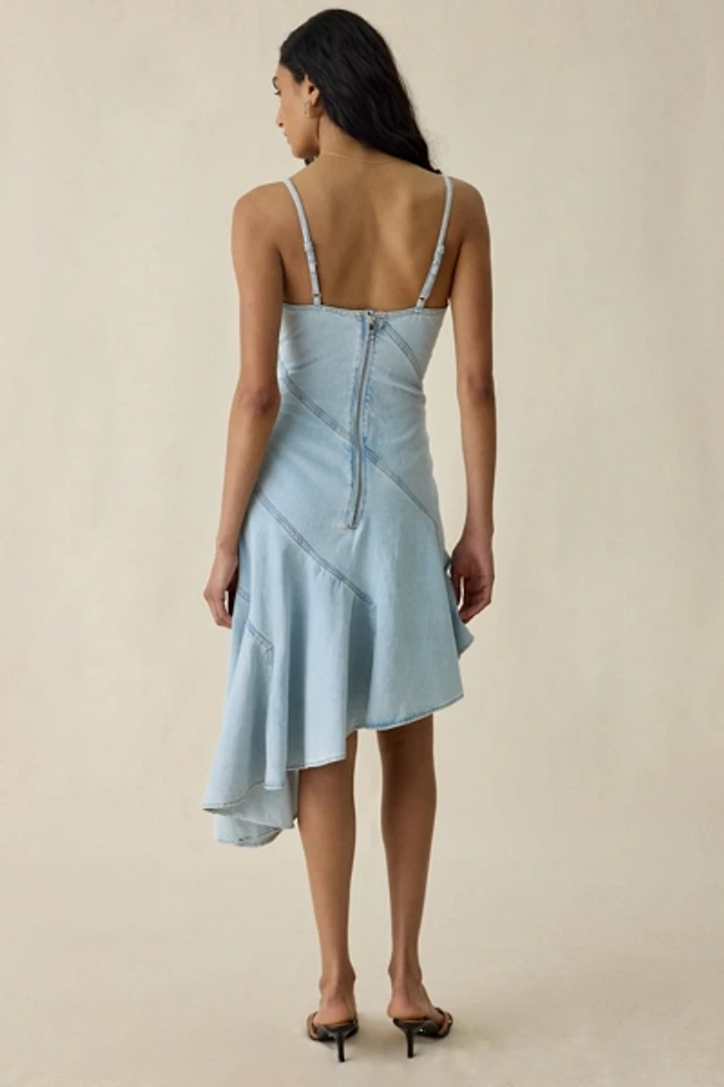 Steve Madden Ellis Asymmetric High-Low Seamed Denim Midi Dress