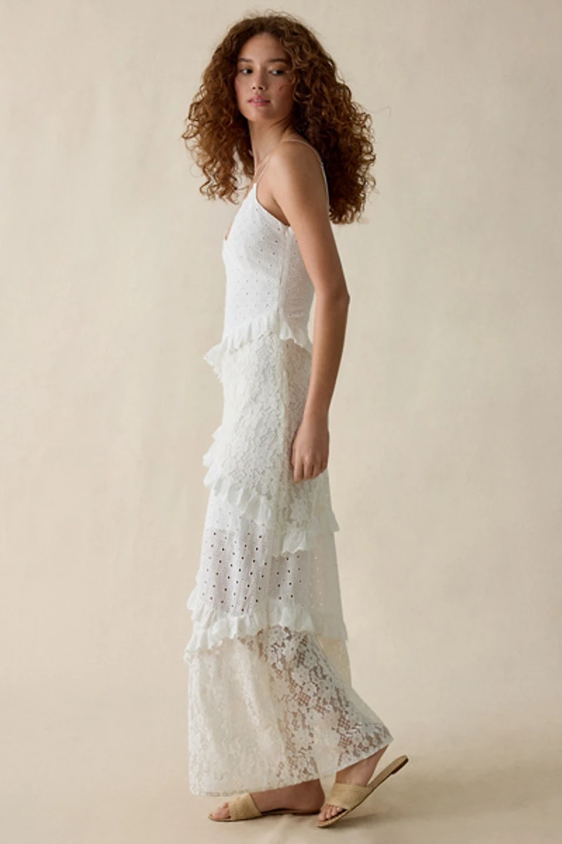 Steve Madden Giah Asymmetric Mixed Lace Tiered Maxi Dress