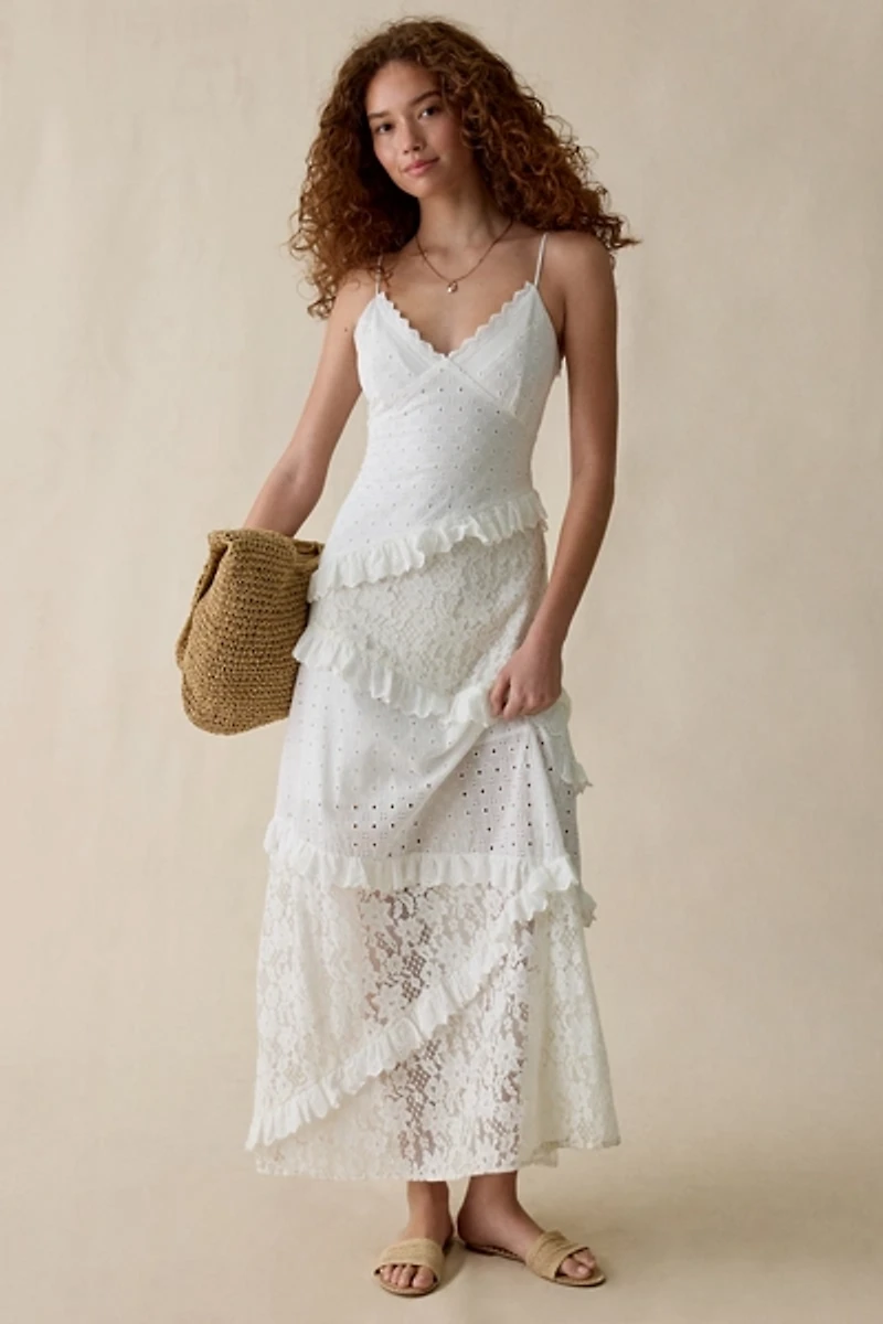 Steve Madden Giah Asymmetric Mixed Lace Tiered Maxi Dress