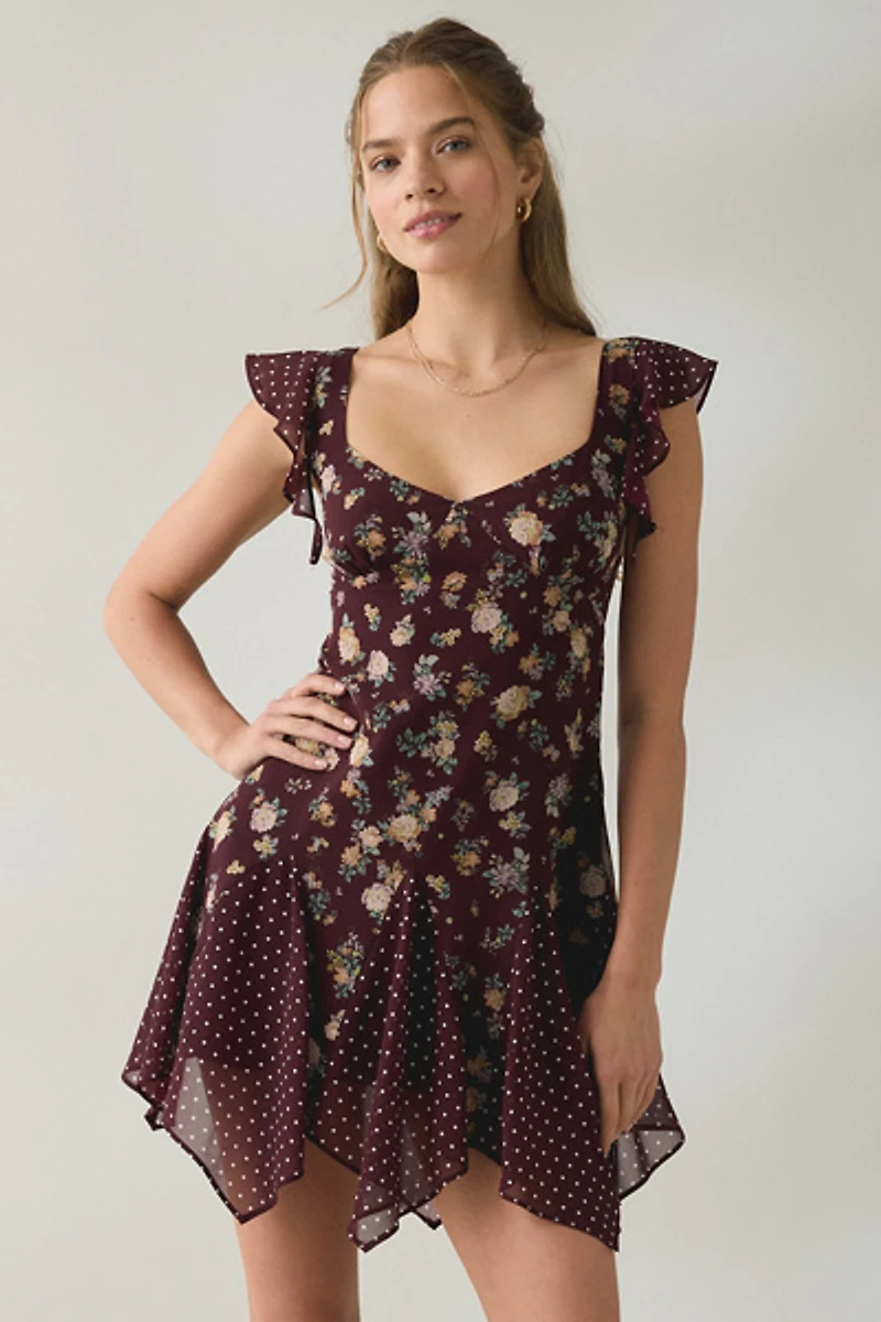 Steve Madden Tanisha Floral + Polka Dot Mesh Flutter Mini Dress